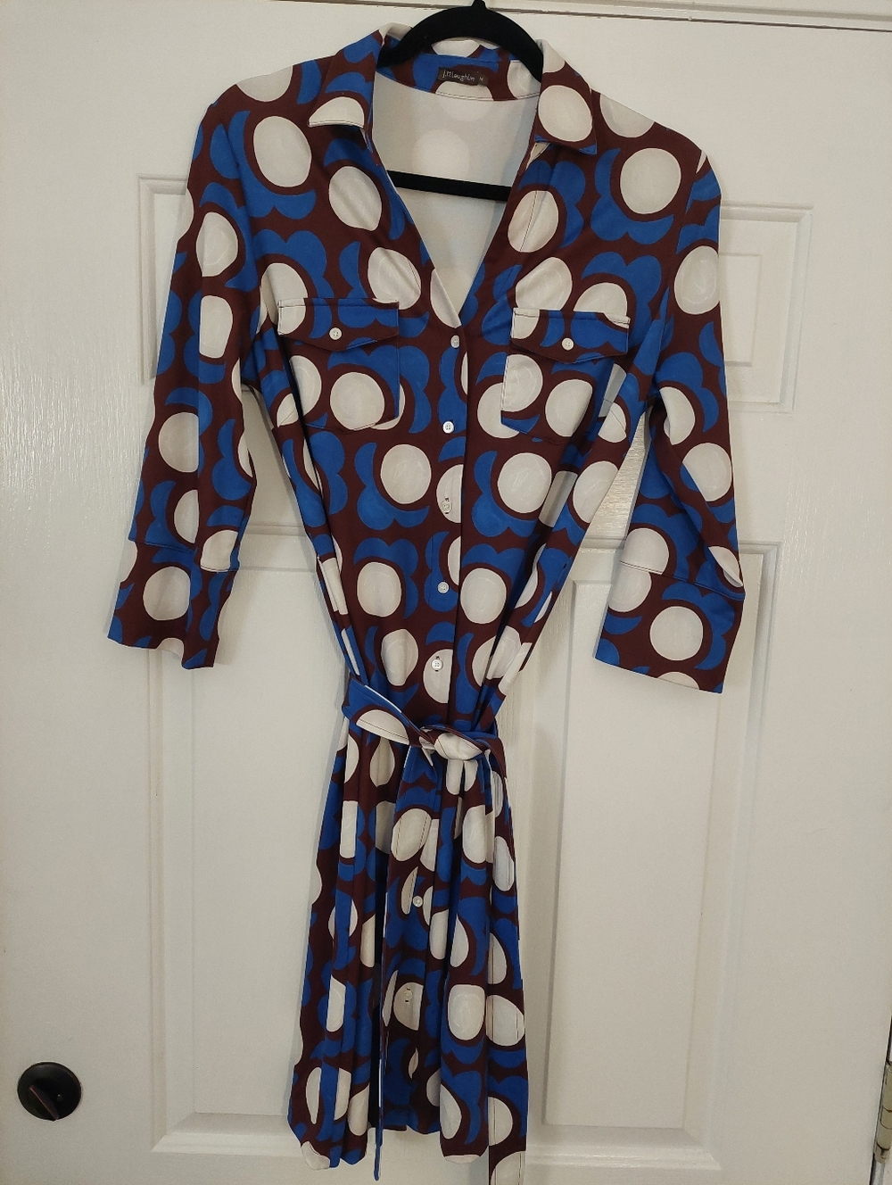 J.Mclaughlin Blue & White Polka Midi Shirt Dress with Belt Medium - Picture 2 of 6